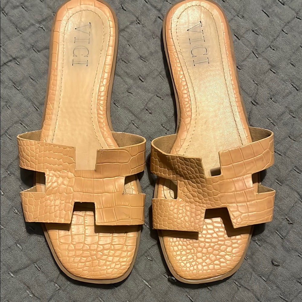 VICI Tan Croc-Embossed Women's Slide Sandals